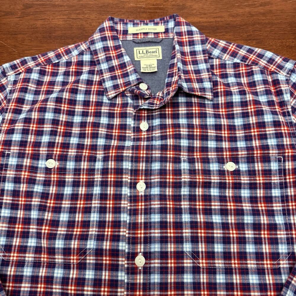 LL Bean Plaid Long Sleeve Button Up Shirt Men's Medium Slightly Fitted Red Blue - Picture 4 of 9